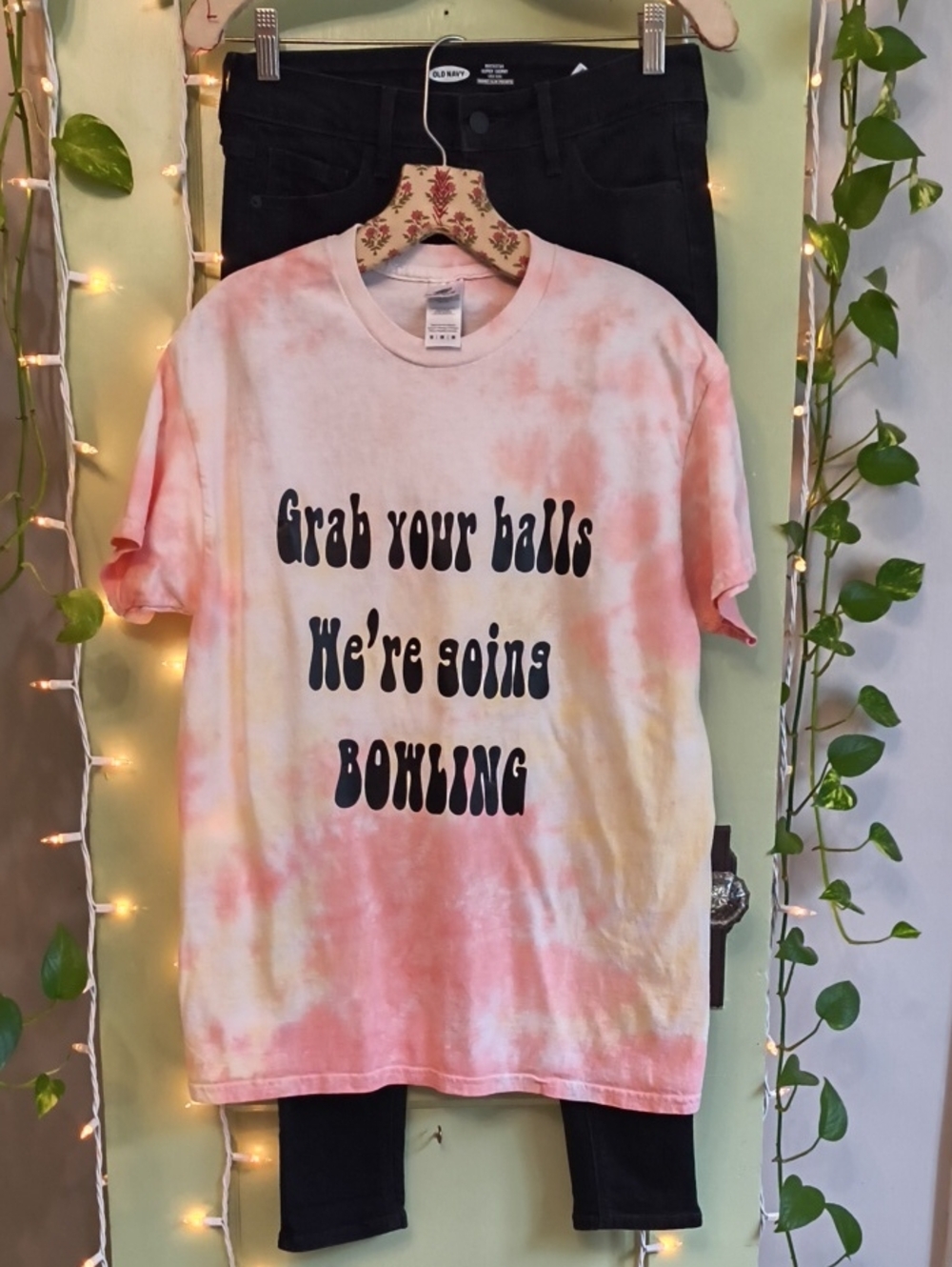 Women's Colortone Bowling 🎳 Grab Your Balls Pink Yellow Tye Dye T-shirt 👕 M
